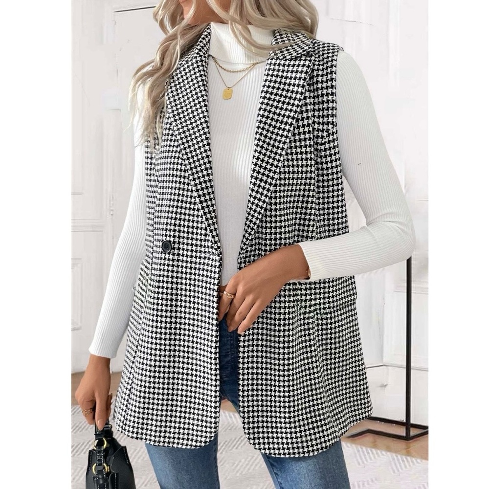 Adrianna Papell Houndstooth Sleeveless Blazer Preppy Career Vest Size M EUC!